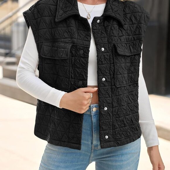 Womens Lightweight Quilted Vests Cargo Button Down Cropped Sleeveless Jackets Fa - Picture 2 of 7